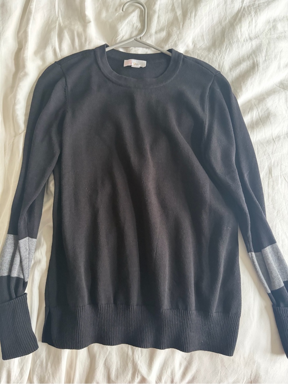 Black Crewneck Sweater with Gray Sleeve Stripes